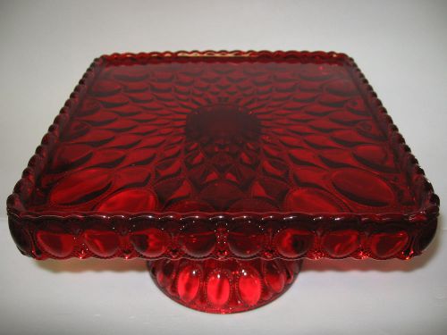 Square Ruby Red Glass cake serving stand plate platter pedestal raised tray art