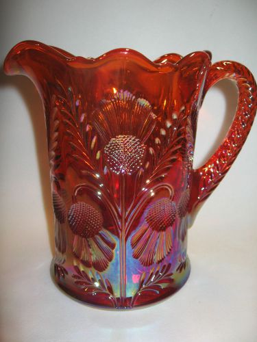 Marigold Glass water serving Pitcher inverted thistle Pattern / blossom carnival