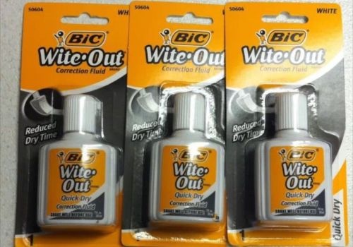 3 New BIC WITE OUT Bottle Foam Brush quick dry white CORRECTION FLUID 50604
