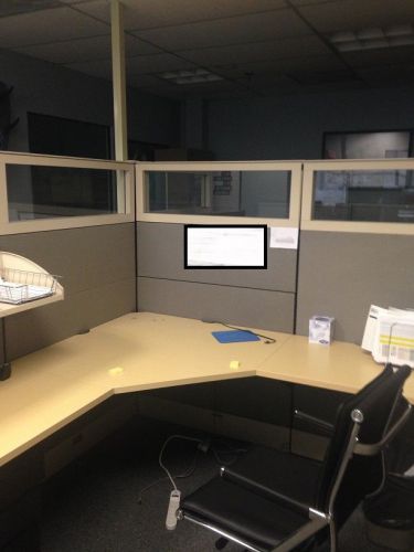 Eight office cubicles with desks, file cabinets and wall units, mint condition