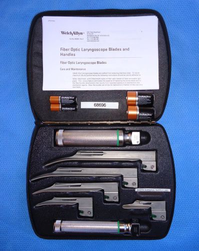 Welch allyn #68696 miller fiber optic laryngoscope set- 2 handles &amp; 4 blades for sale