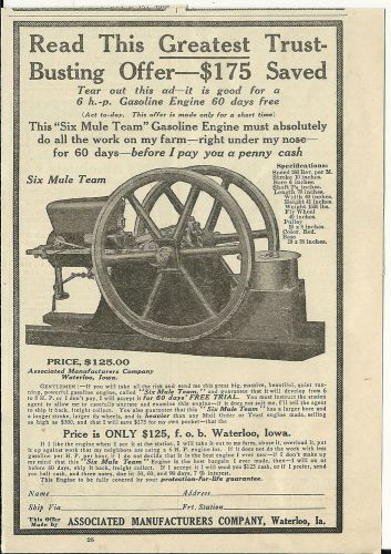 Nov. 1911 Associated Manufactures Co. Waterloo, Iowa Six Mule Engine  ad