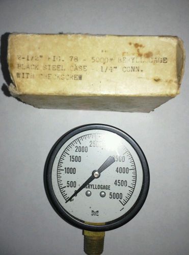 VINTAGE BERYLLOGAGE Pressure Gauge 5000 PSI 1/2&#034; CON.2&amp;1/2&#034; FACE (NIB) OLD STOCK