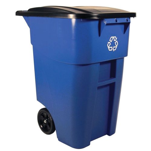 Blue commercial brute rubbermaid 50-gallon recycling rollout container with lid for sale