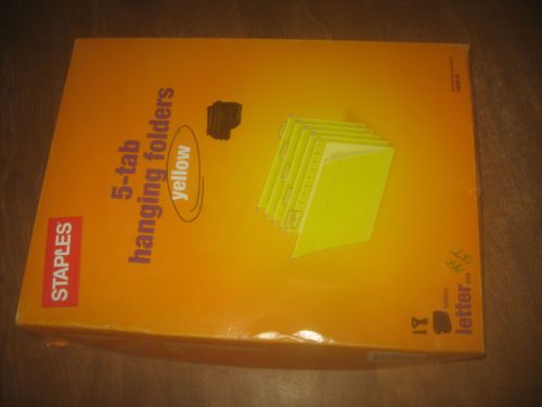 STAPLES 5 TAB HANGING FILE FOLDERS, LETTER SIZE  Yellow PACK OF 18