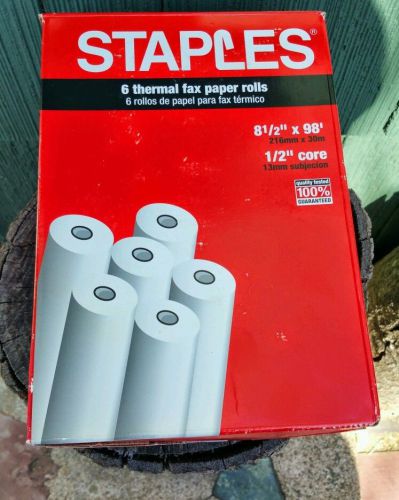 STAPLES - Five(5) THERMAL FAX PAPER ROLLS - 8 1/2&#034; x 98&#039; with 1/2&#034; Core #269571