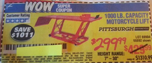 HARBOR FREIGHT CU-PON  1000 LB Capacity MOTORCYCLE LIFT  EXPIRES 7/28/16