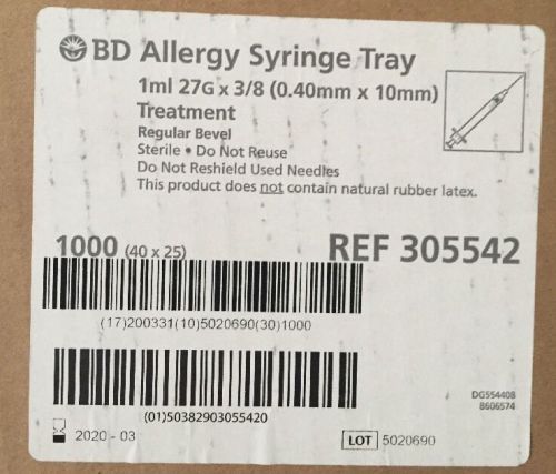BD Allergy Syringe Tray 1ml 27G X 3/8 Case Of 1000cnt. Syringes