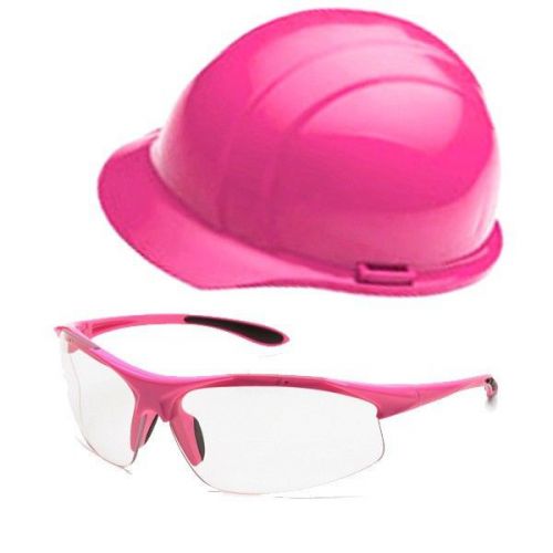 Professional grade ratchet suspension hot pink hard hat &amp; safety glasses for sale