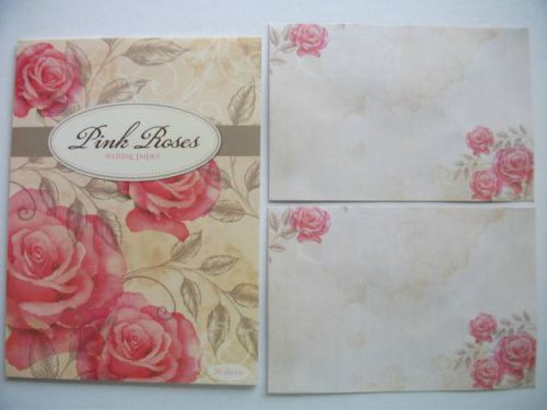 Writing Note Pad Paper With Envelopes Stationery Set New Pink Roses 20 Sheets