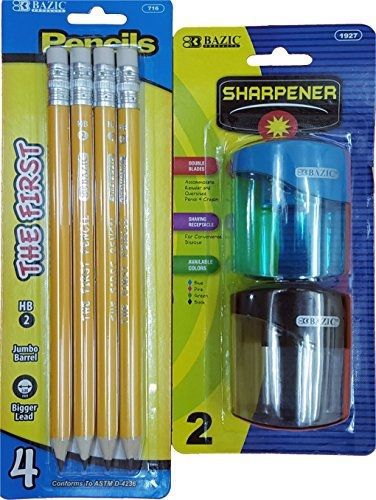 Bazic The First Jumbo Premium Yellow Pencil with Dual Blades Sharpener. 1 Set of