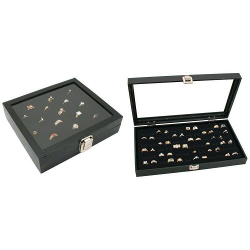Glass Lid Jewelry Display Cases W/ 36 &amp; 72 Slot Ring Foam Inserts Kit 4 Pcs