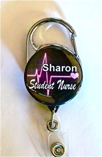 Pink heartbeat student nurse ,carabiner id badge holder, retractable reel, keys for sale