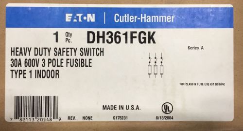 CUTLER HAMMER DH361FGK 3 POLE 600 VOLT 30 AMP FUSED NEMA 1 DISCONNECT NEW