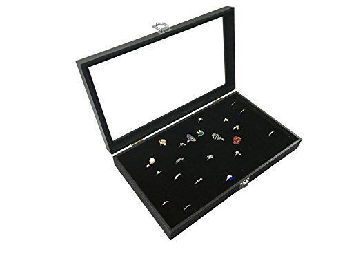 NEW Glass Top Black Jewelry Display Case 72 Slot Ring Tray