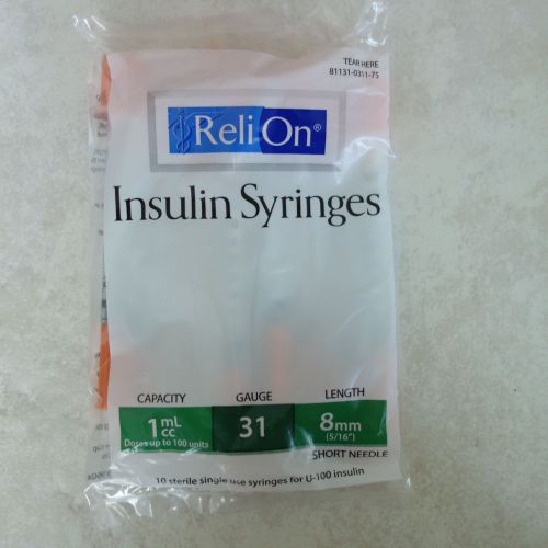 ReliOn Syringe 1ml 8mm 31G Needle- NEW Pack of 10 Syringes 1cc