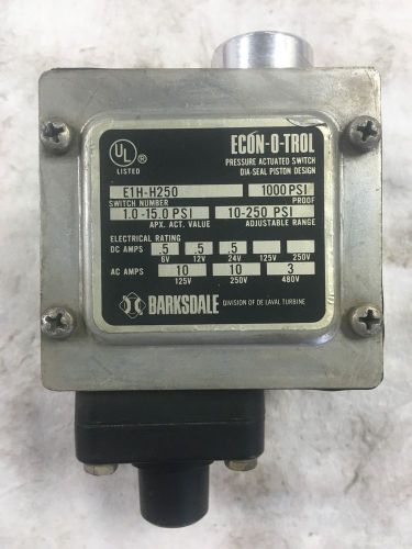 BARKSDALE- PRESSURE ACTUATED SWITCH E1H-H250 10-250 ADJUSTABLE PSI 10A/250V 3A/4