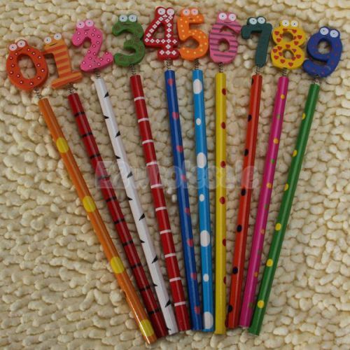 10pcs Cute Cartoon Numbers 0-9 Decorative Wooden Pencils for Office School Kids