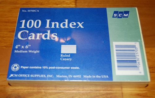 SCM 100 Index Cards No. H700CA 4&#034;x6&#034; Medium Weight Ruled Canary New Sealed