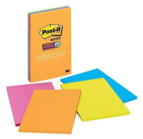Post-it Super Sticky Notes, 4 in x 6 in, Rio de Janeiro Collection, Lined, 4