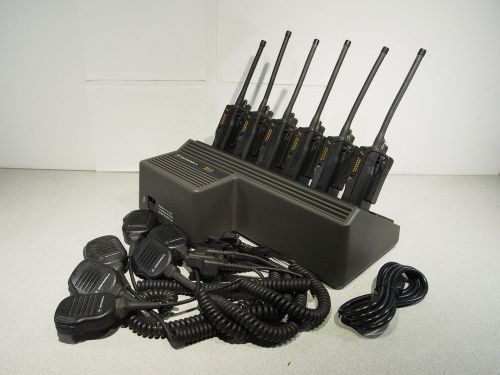 Lot of 6 Motorola HT1000 VHF Two-Way Radios w/ Speaker/Mics and 6 Bay Charger