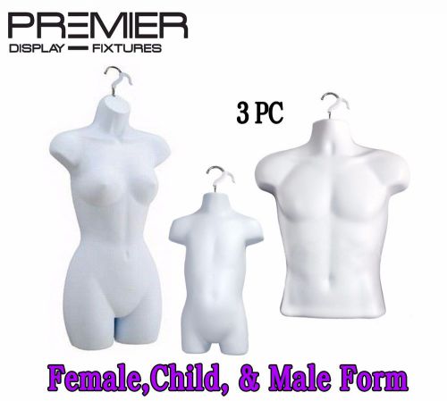 3 piece full female, child, half male hanging mannequin torso body form white for sale