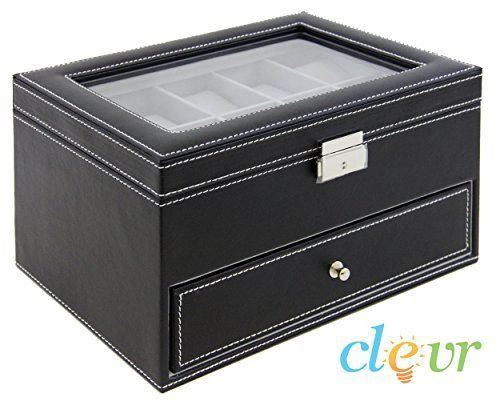 Watch Box Large 20 Mens Black Leather Display Glass Top Jewelry Case Organizer