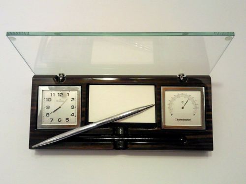 Bulova b2572 desk  clock thermometer and card holder + pen. tempered glass cover for sale