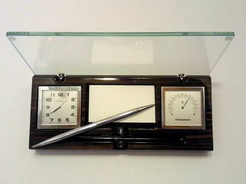 BULOVA B2572 DESK  CLOCK THERMOMETER AND CARD HOLDER + PEN. TEMPERED GLASS COVER