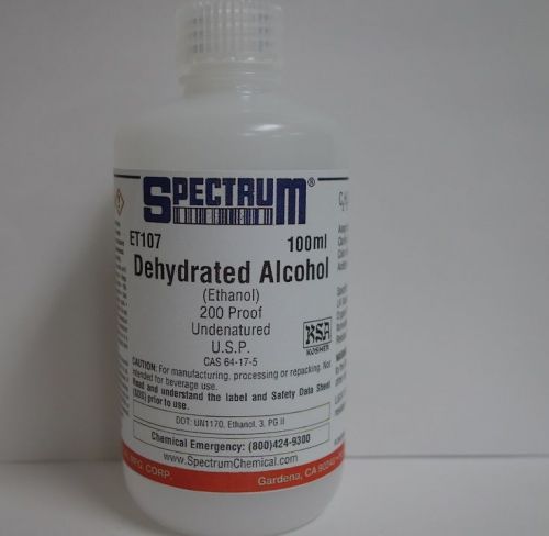 Spectrum Ethanol, dehydrated alcohol, 200 Proof, 99.9%   Undenatured, USP, 100ml