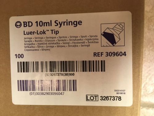 100/Box-BD 10ml Syringes Luer-Lok Tip 309604 (Syringe Only)Individually Wrapped