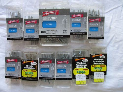 11 Boxes Arrow 1/8&#034; Steel Rivets RMS1/8IP-RMS 1/8&#034; &amp; WS1/8&#034; Washers