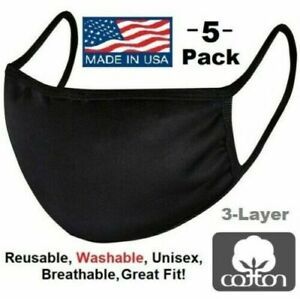 5 Pack Black Cotton Face Mask Reusable Washable Breathable Coverings Unisex USA