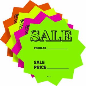 100 -3&#034; SALE Price Solar Star Burst Neon Fluorescent Retail Signs -25 each color