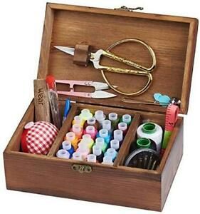Home Wooden Sewing Kit Box for Adults Beginner Girls with Accessories Brown