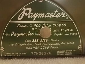 Vintage Paymaster System Check Writer X-900 Series. &#034;Price $154.50&#034; Name Plate.