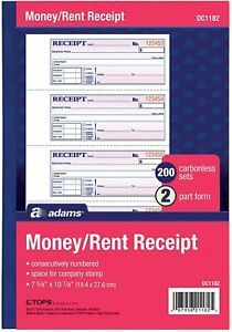 Adams Money and Rent Receipt Book, 2-Part, Carbonless, White/Canary, 1 Pack