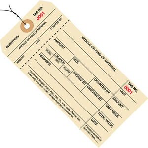 6 1/4&#034; x 3 1/8&#034; Inventory Tags 0000-0999 Stub Style #8 Pre-Wired 1000/Case