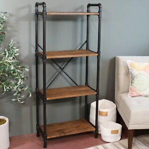 Sunnydaze 4-Tier Black Pipe Bookshelf - Wood Veneer Shelves - Teak