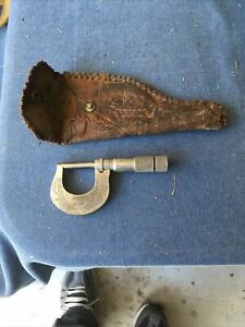 Vintage Lufkin No 1641 Micrometer Machinist measuring tool 0-1” W/Leather Holder