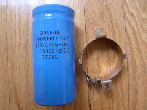Sprague 18,000uF 25VDC Electrolytic Capacitor with clamp mounting bracket
