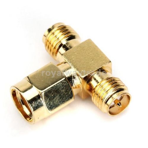 Sma female to dual rp-sma male jack rf adapter t connector - golden for sale