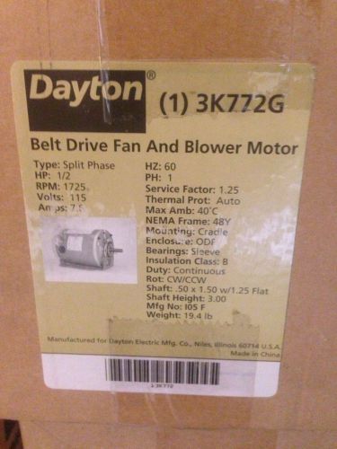 Dayton 3k772g 1/2hp 115v 1725rpm 1ph belt drive fan blower motor new in box for sale