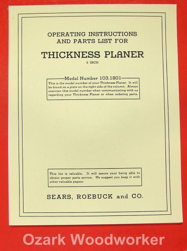 CRAFTSMAN 103.1801 Wood Thickness Planer Instructions &amp; Parts Manual 0859