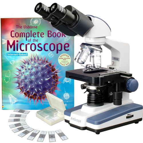 2500X Lab LED Binocular Compound Microscope w 3D-Stage 25 biology Slides &amp; Book