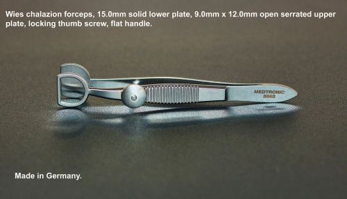 Wies chalazion forceps, 15mm solid lower plate, 9mm x 12mm open upper plate NEW