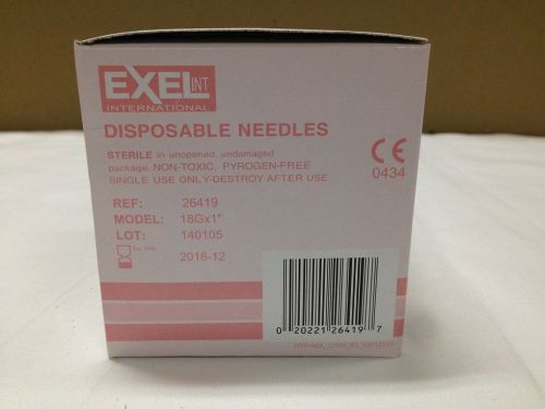 Exel Hypodermic Needle 18G x 1&#034;, REF 26419, Box of 100, Exp  2018-12