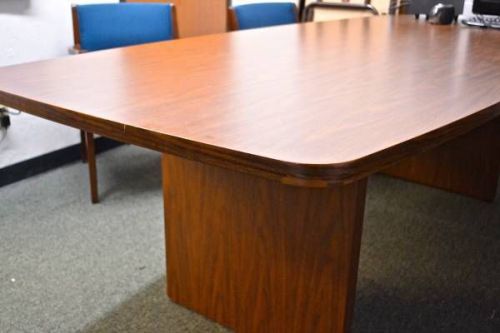 Boat shaped conference table &amp; 8 wooden chairs for sale