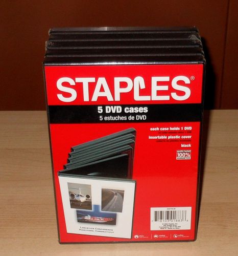 NWT NEW in WRAP STAPLES SET/5 FIVE DVD CASES HARD SHELL BLACK 5.25&#034; x 7.5&#034; MINT