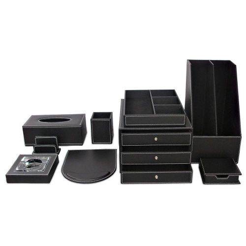 New hot black desk sets 9 pcs/set durable pu leather office decor organizer box for sale